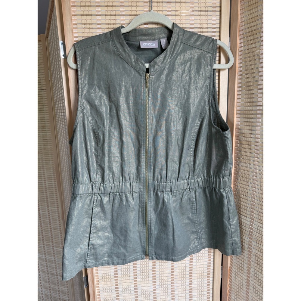 Chicos Metallic Sage Green Linen Blend Zip Up Vest Cinched Waist Size 2 L Large